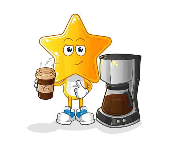 Star Head Cartoon Drinking Coffee Illustration Character Vector — Stock Vector