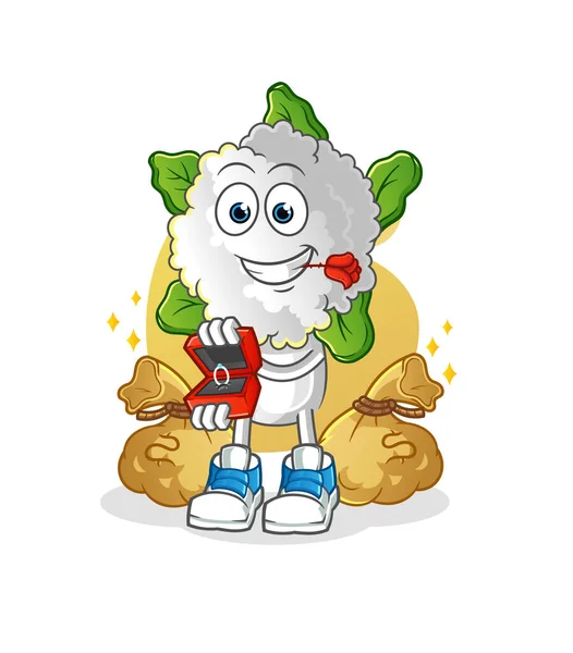 Cauliflower Head Cartoon Propose Ring Cartoon Mascot Vector — Stock Vector
