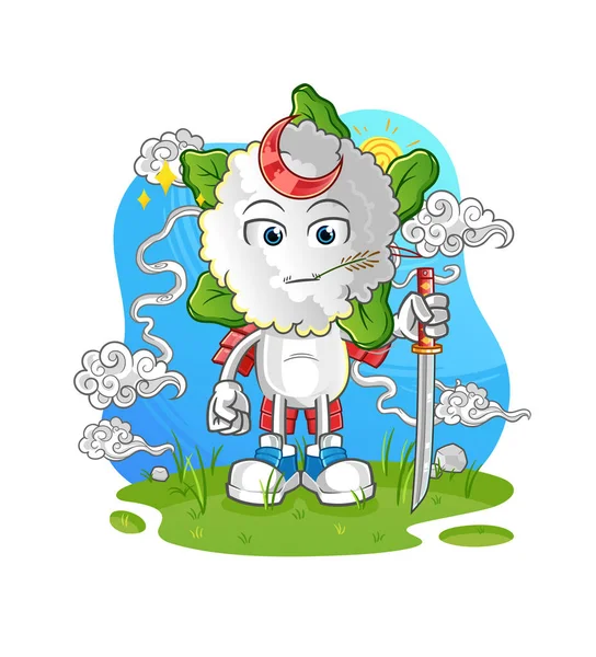 Cauliflower Head Cartoon Samurai Cartoon Mascot Vector — Stock Vector