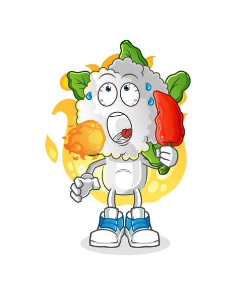 Cauliflower Head Cartoon Eat Hot Chilie Mascot Cartoon Vector — Stockový vektor