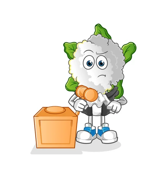 Cauliflower Head Cartoon Judge Holds Gavel Character Vector — Stock Vector