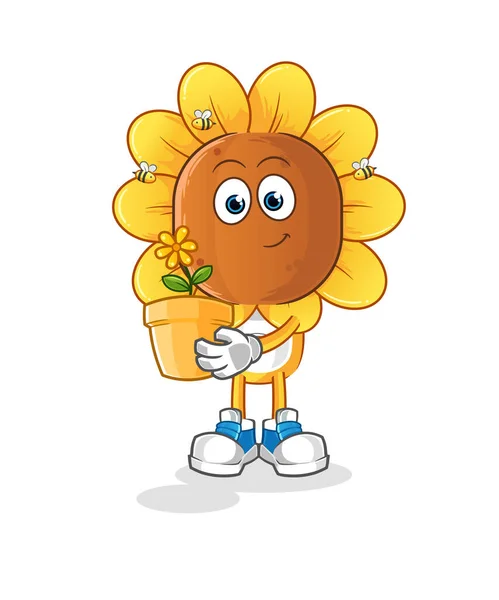 Sunflower Head Cartoon Flower Pot Character Vector — Stok Vektör