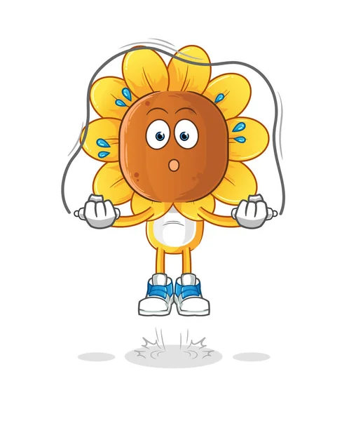 Sunflower Head Cartoon Jump Rope Exercise Character Vector — Stock Vector