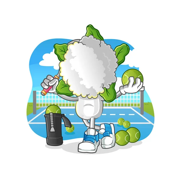 Cauliflower Head Cartoon Plays Tennis Illustration Character Vector — Stock Vector