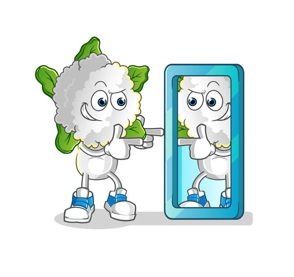 Cauliflower Head Cartoon Looking Mirror Cartoon Mascot Vector — Stock Vector