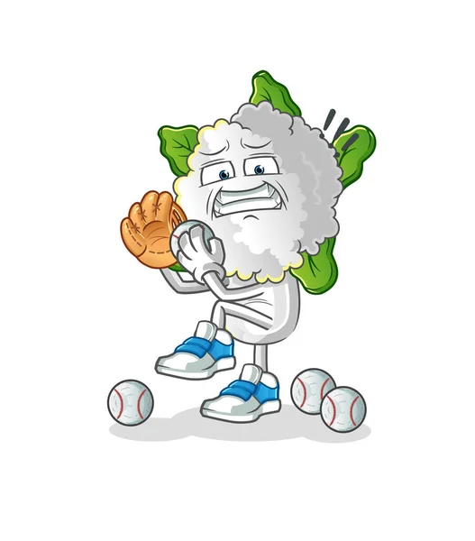 Cauliflower Head Cartoon Baseball Pitcher Cartoon Mascot Vector — Stock Vector