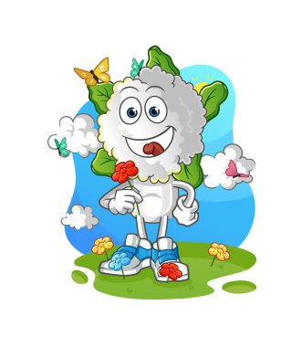 cauliflower head cartoon pick flowers in spring. character vector