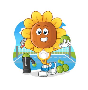 sunflower head cartoon plays tennis illustration. character vector