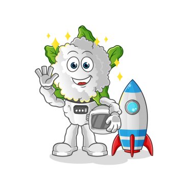 cauliflower head cartoon astronaut waving character. cartoon vector