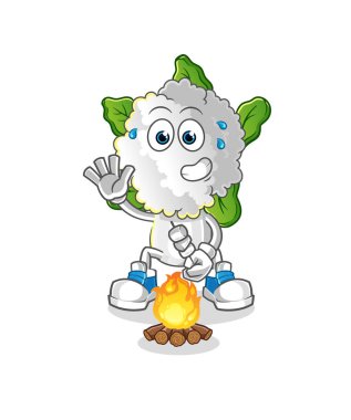 cauliflower head cartoon roasting marshmallows. cartoon vector
