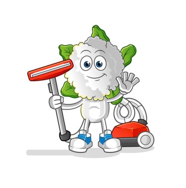 cauliflower head cartoon clean with a vacuum . character vector