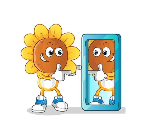 Sunflower Head Cartoon Looking Mirror Cartoon Mascot Vector — Wektor stockowy