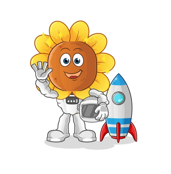 Sunflower Head Cartoon Astronaut Waving Character Cartoon Vector — Stock Vector