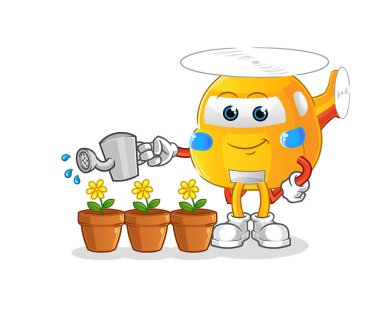 helicopter watering the flowers mascot. cartoon vector