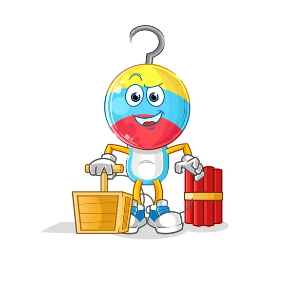 Fishing Bait Head Cartoon Holding Dynamite Detonator Cartoon Vector — 스톡 벡터