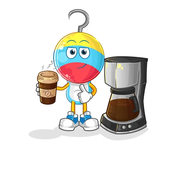 Angelköder Kopf Karikatur Kaffee Trinken Illustration Zeichenvektor — Stockvektor