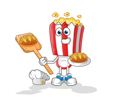 popcorn head cartoon baker with bread. cartoon mascot vector
