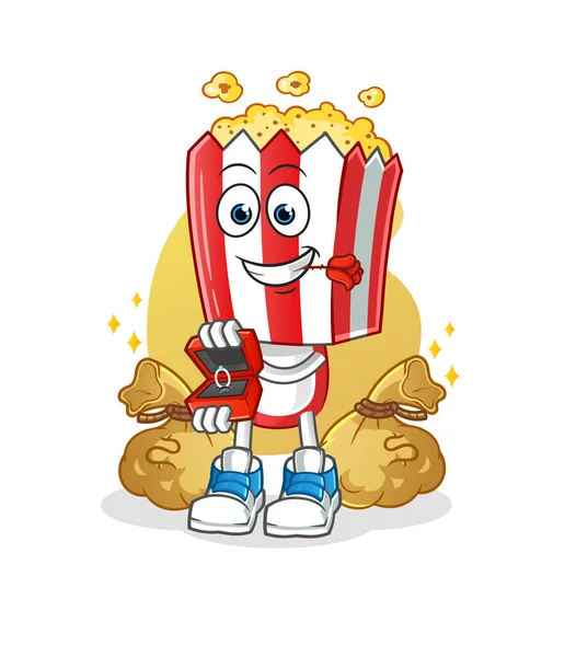 Popcorn Head Cartoon Propose Ring Cartoon Mascot Vector — ストックベクタ
