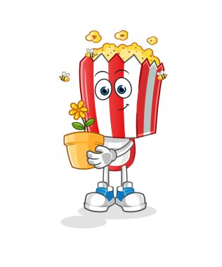 popcorn head cartoon with a flower pot. character vector