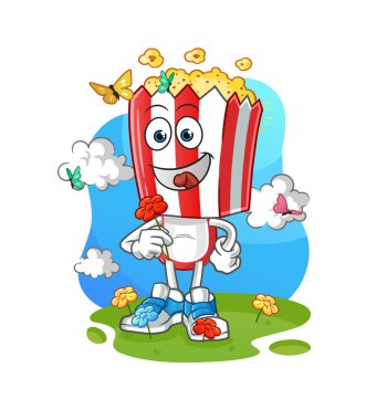 popcorn head cartoon pick flowers in spring. character vector