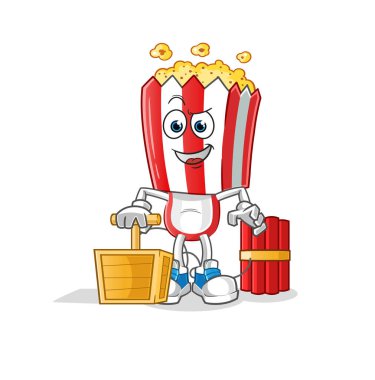 popcorn head cartoon holding dynamite detonator. cartoon vector
