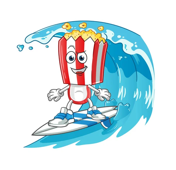 Popcorn Head Cartoon Surfing Character Cartoon Mascot Vector — Vettoriale Stock