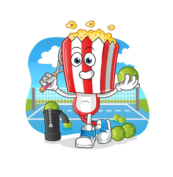 Popcorn Head Cartoon Plays Tennis Illustration Character Vector — 스톡 벡터