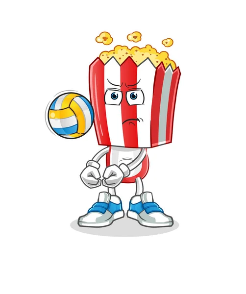 Popcorn Head Cartoon Play Volleyball Mascot Cartoon Vector — 스톡 벡터