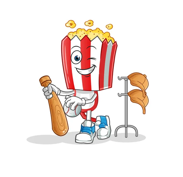 Popcorn Head Cartoon Playing Baseball Mascot Cartoon Vector — 스톡 벡터