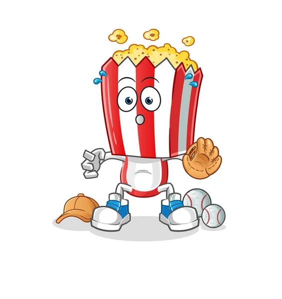 Popcorn Head Cartoon Baseball Catcher Cartoon Mascot Vector — 스톡 벡터