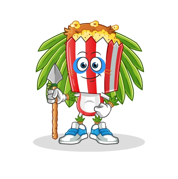 Popcorn Head Cartoon Tribal Man Mascot Cartoon Vector — Vettoriale Stock