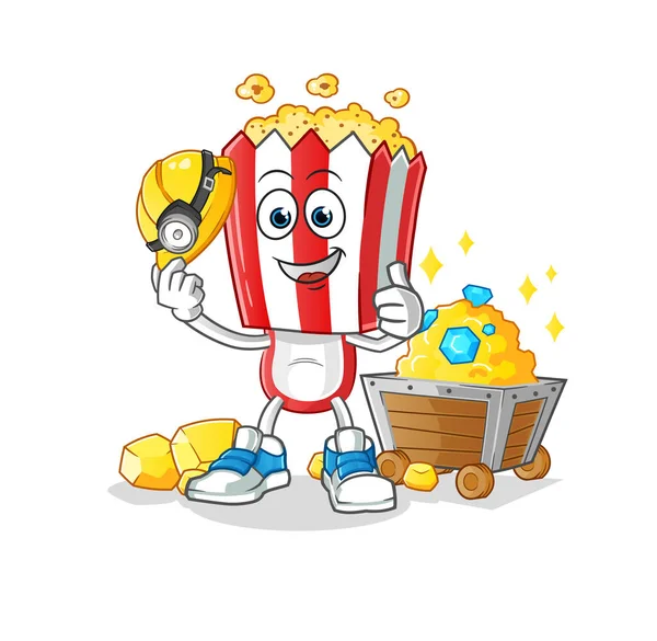 Popcorn Hoofd Cartoon Mijnwerker Met Gouden Karakter Cartoon Vector — Stockvector