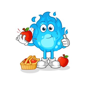 blue fire eating an apple illustration. character vector