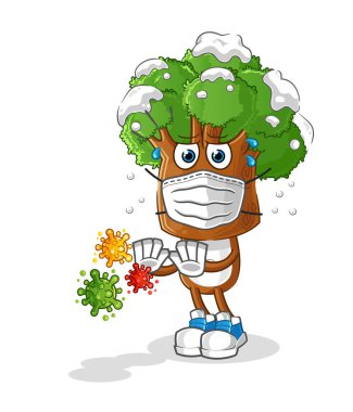 Ağaç kafalı çizgi film karakterleri virüsleri reddediyor. çizgi film maskotu vektörü