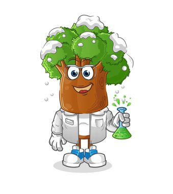 Ağaç kafalı çizgi film bilim adamı karakteri. çizgi film maskotu vektörü