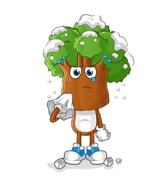 Ağaç kafalı çizgi film karakteri peçeteyle ağlar. çizgi film maskotu vektörü