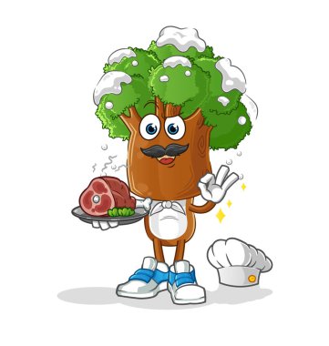 Ağaç kafalı çizgi film şefi ve et maskotu. çizgi film vektörü