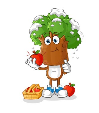 Ağaç kafalı çizgi film karakteri elma resmi yiyor. karakter vektörü