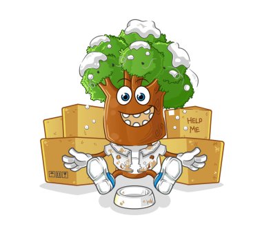 Ağaç kafalı evsiz çizgi film karakteri. çizgi film maskotu vektörü