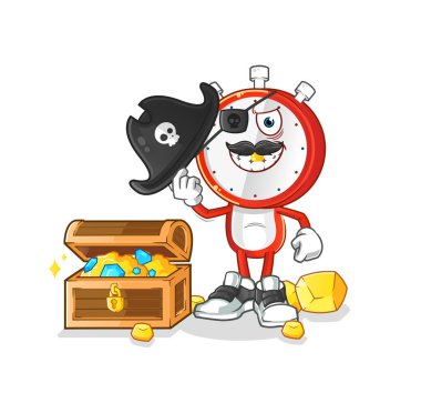 alarm clock head cartoon pirate with treasure mascot. cartoon vector