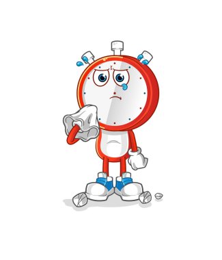 alarm clock head cartoon cry with a tissue. cartoon mascot vector