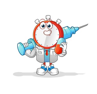 alarm clock head cartoon doctor holding medichine and injection