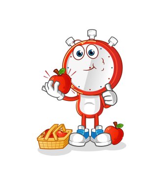 alarm clock head cartoon eating an apple illustration. character vector