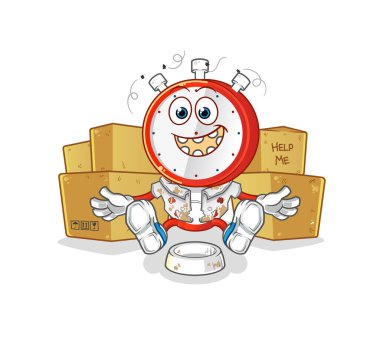 Çalar saat kafalı evsiz çizgi film karakteri. çizgi film maskotu vektörü