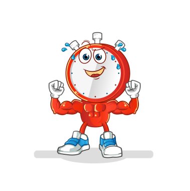 Çalar saat kafalı çizgi film kaslı. çizgi film maskotu vektörü