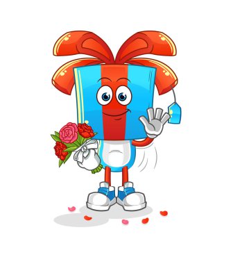 Buket maskotlu hediye kafa çizgi filmi. çizgi film vektörü