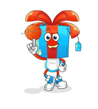 Hediye kafası çizgi filmi basket topu maskotu oynuyor. çizgi film vektörü