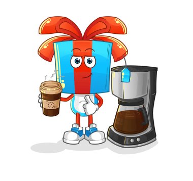 Hediye kafası çizgi filmi kahve illüstrasyonu içiyor. karakter vektörü