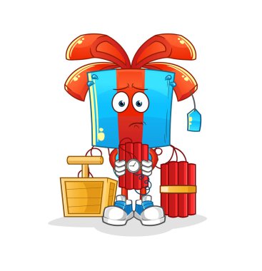 Hediye kafalı çizgi film karakteri dinamit taşıyor. çizgi film vektörü