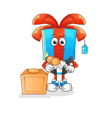 Hediye kafalı çizgi film yargıcı tokmağı tutuyor. karakter vektörü